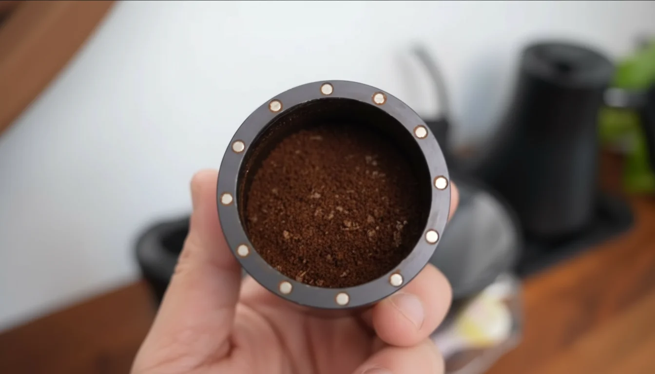 1Zpresso K-Ultra magnetic catch cup filled with freshly ground coffee