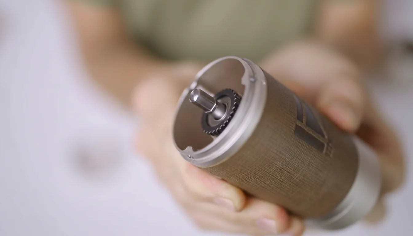 1Zpresso X-Pro with lid removed showing inner conical burr and central shaft