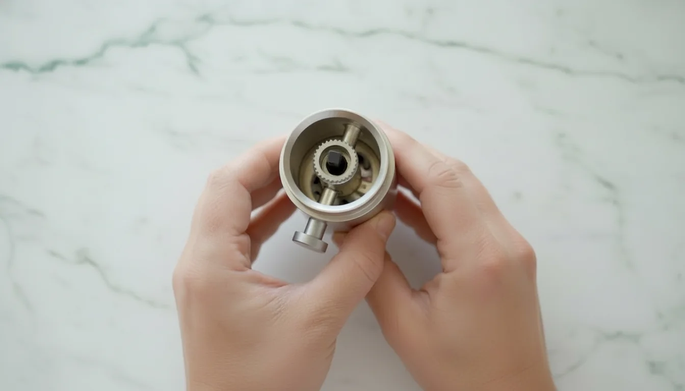 Inserting the burr carrier into the Femobook A4Z grinder
