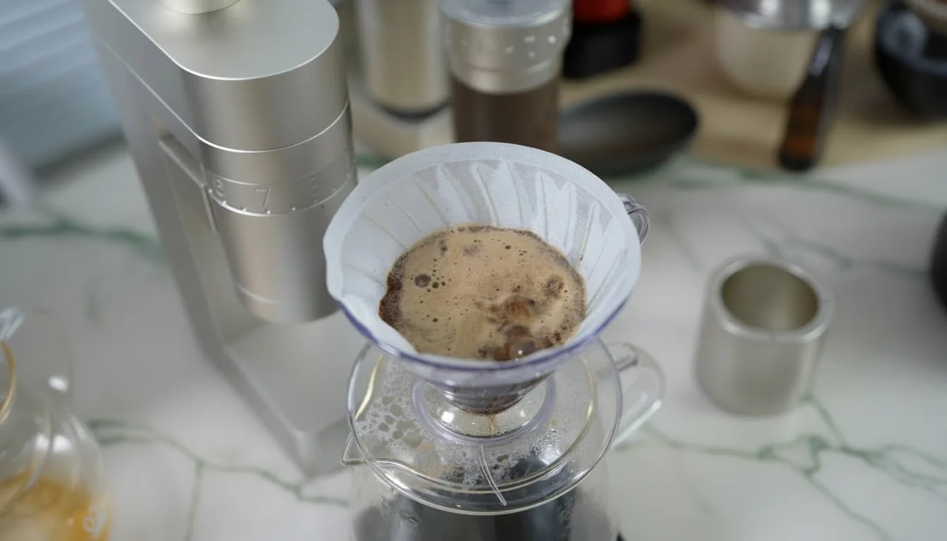 Brewing pour-over coffee with grounds from the Femobook A4Z