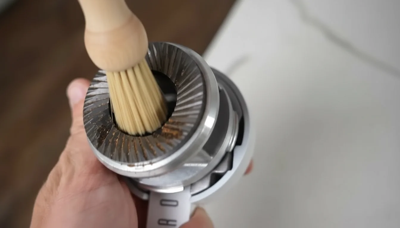 Pietro burr chamber removed for cleaning with brush